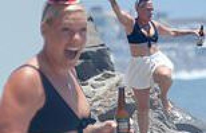 Pink EXCLUSIVE: Pop star looks like quite the patriot at the beach with a beer ...