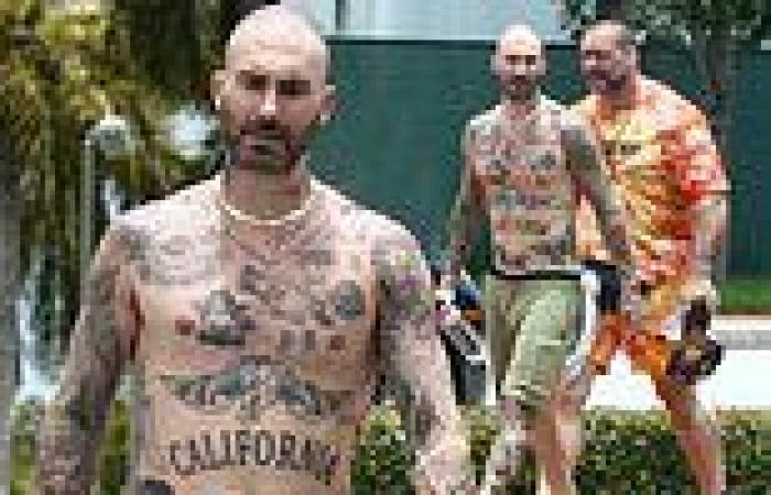 Adam Levine goes shirtless as he's joined by personal trainer and  bodyguard ...
