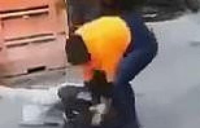 Wild moment a furious tradie punches and kicks a cowering man on the ground at ...