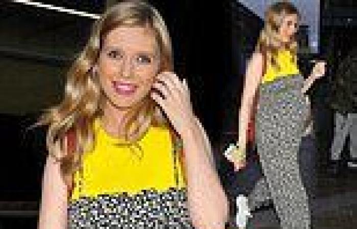 Pregnant Rachel Riley catches the eye in a vibrant yellow top and ditsy print ...