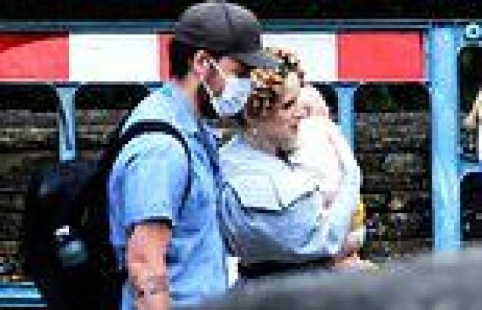 Sophie Rundle's husband brings their three-month-old son to see his mum as she ...