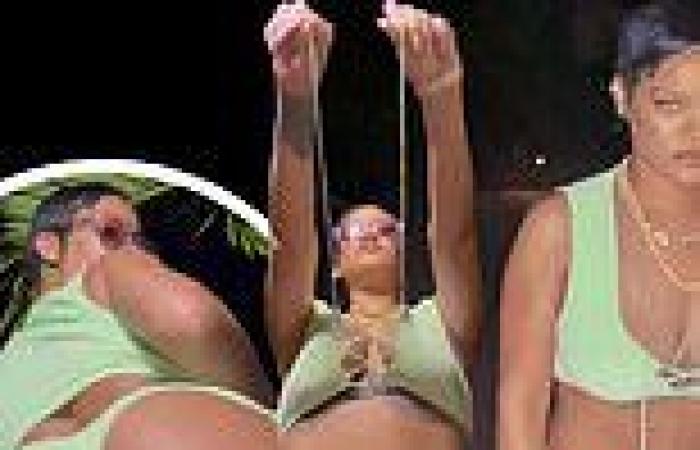 Rihanna sizzles in mint green terrycloth Savage X Fenty lingerie for a flirty ...