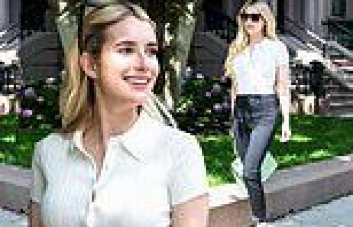 Emma Roberts exudes style in delicate button down top and fitted jeans