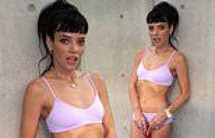 Lily Allen displays her sensational toned physique in lilac underwear 