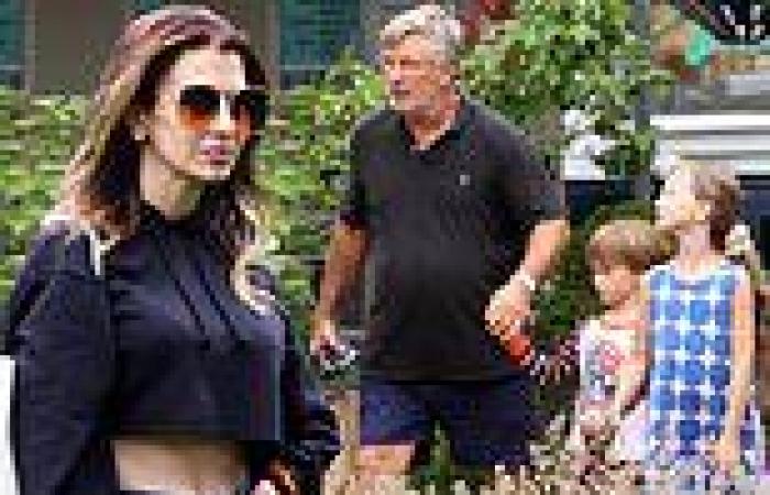 Hilaria Baldwin shows off her trim midsection in a crop top