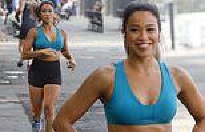 Gina Rodriguez flaunts her chiseled abs while taking a run on the set of her ...