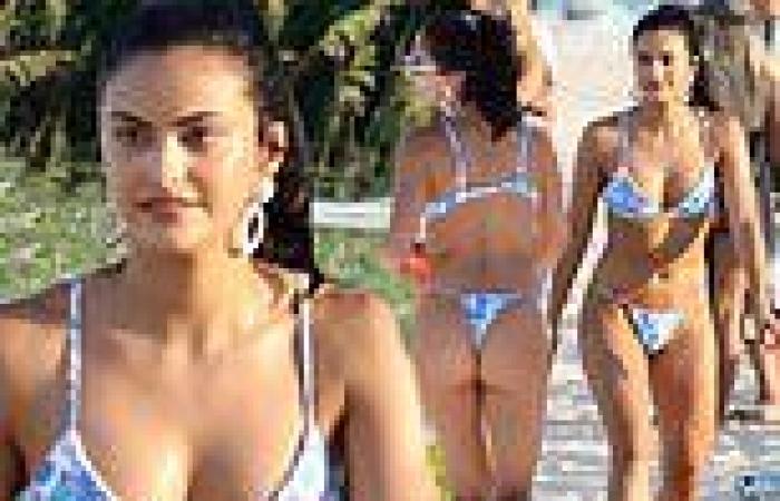 Camila Mendes heats up South Beach in a floral thong bikini on the set of ...