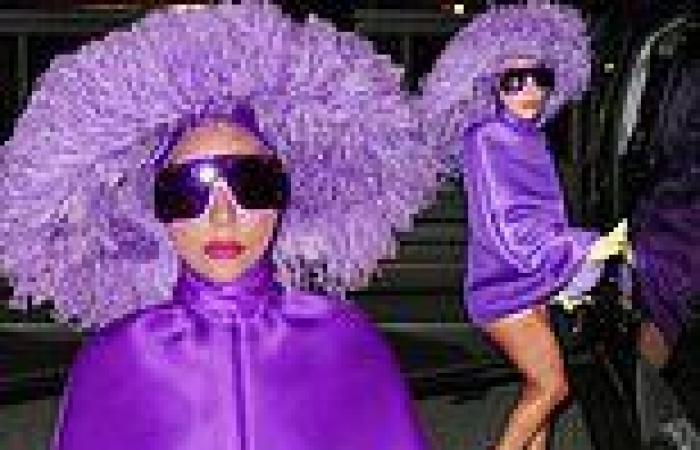 Lady Gaga gets cheeky in purple poncho and matching feathered hat ahead of Tony ...