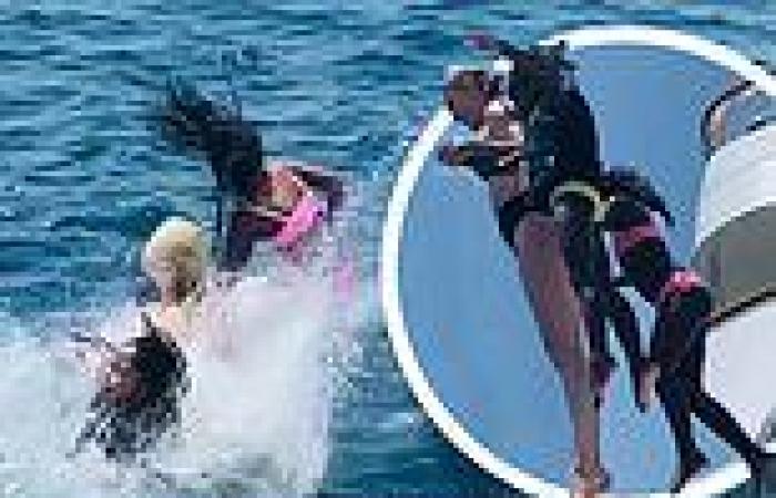 Charlize Theron holds hands with her daughters as they jump into the ocean in ...