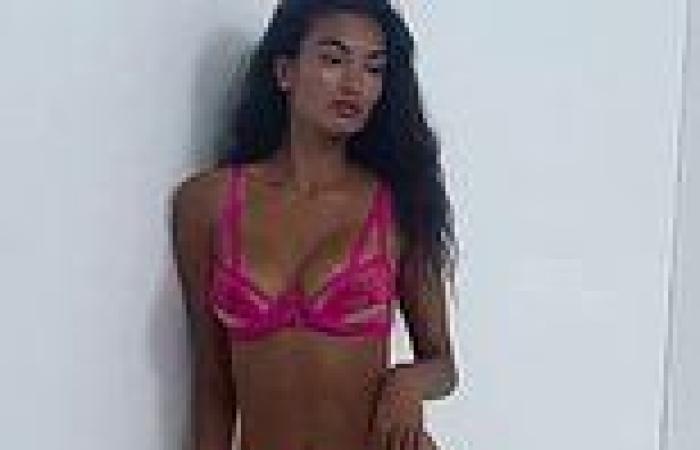 Kelly Gale turns up the heat in sexy fuchsia lingerie and sheer stockings ...