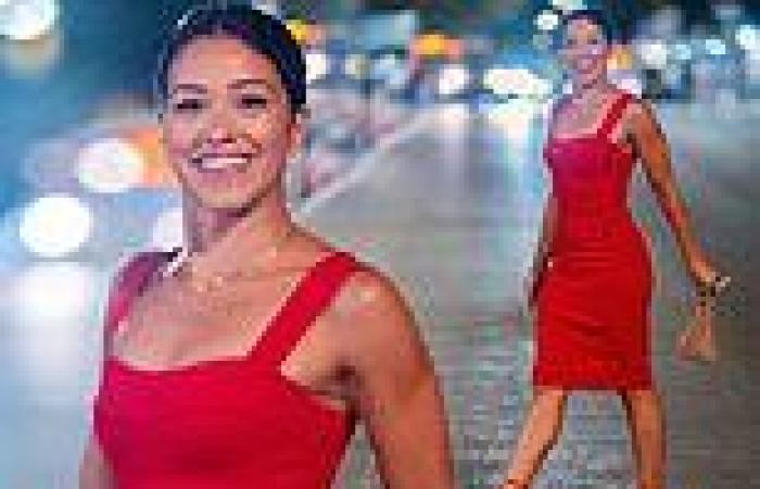 Gina Rodriguez stuns in red pencil dress and heels while filming Players in New ...