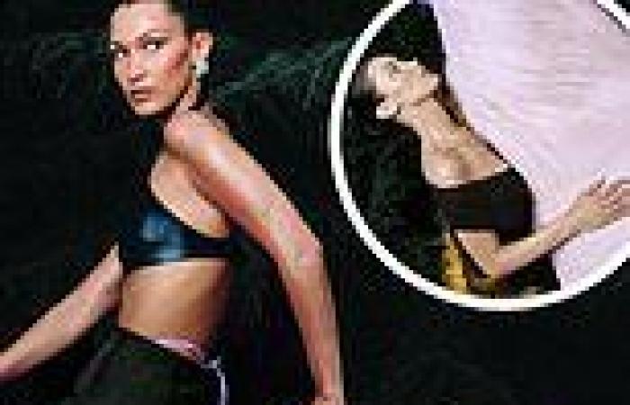 Bella Hadid poses in a leather bralette with her thong peeking out of her ...