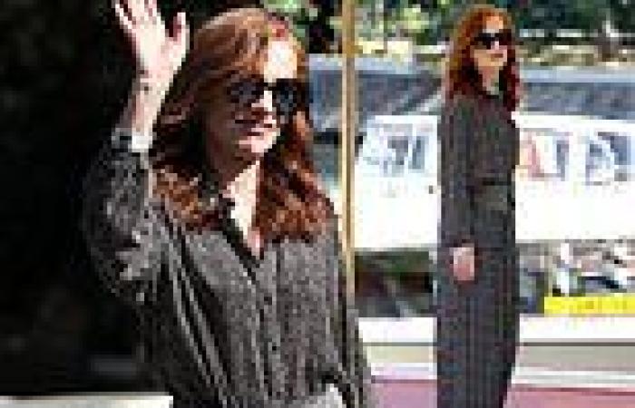 Isabelle Huppert, 68, looks effortlessly chic in a grey jumpsuit