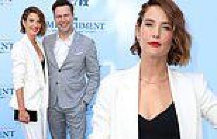 Cobie Smulders in white suit with husband Taran Killam at Impeachment: American ...