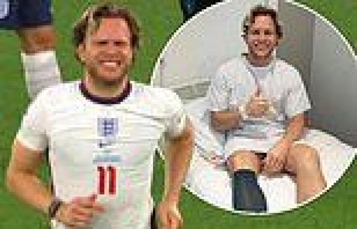 Olly Murs winces in pain while hobbling off Soccer Aid pitch as an old injury ...