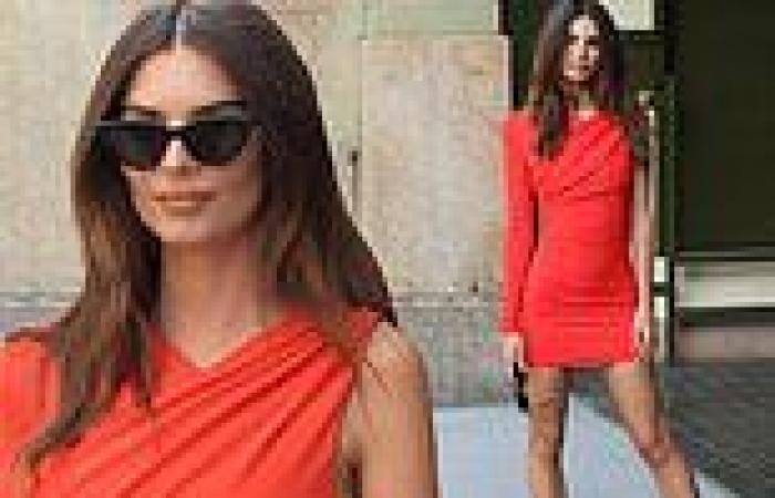 Emily Ratajkowski is red hot in a one sleeved mini dress as she heads to Dundas ...