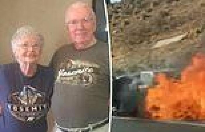 Moment couple, 92 and 90, are rescued from car as it is engulfed in flames on ...