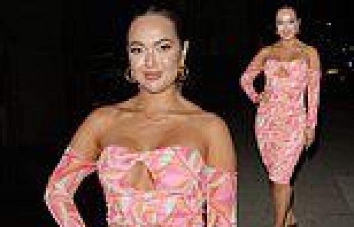 Love Island's Sharon Gaffka shows her curves in a pink abstract print dress for ...