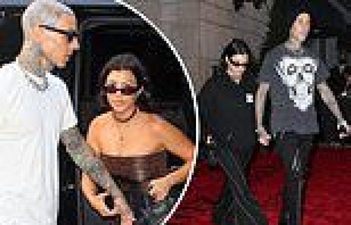 Kourtney Kardashian and Travis Barker head to the Ritz-Carlton Hotel while ...