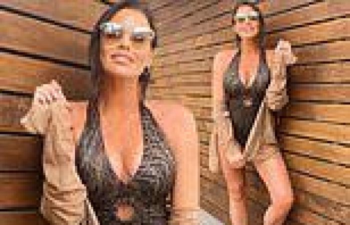 Newlywed Jess Wright stuns in a plunging patterned swimsuit as she celebrates ...