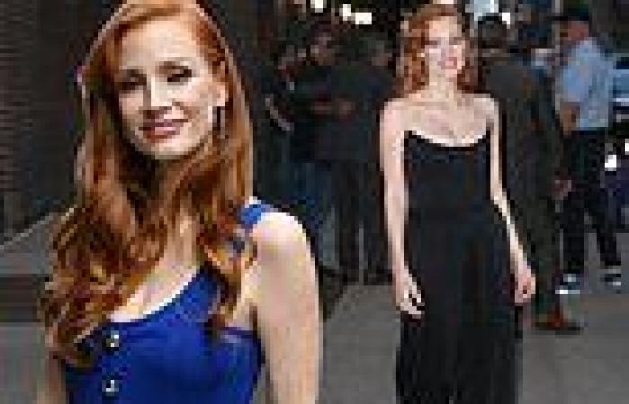 Jessica Chastain stuns in an elegant blue pantsuit arriving at The Late Show ...