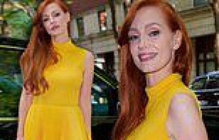 Jessica Chastain stands out in canary yellow dress as she stops by Live