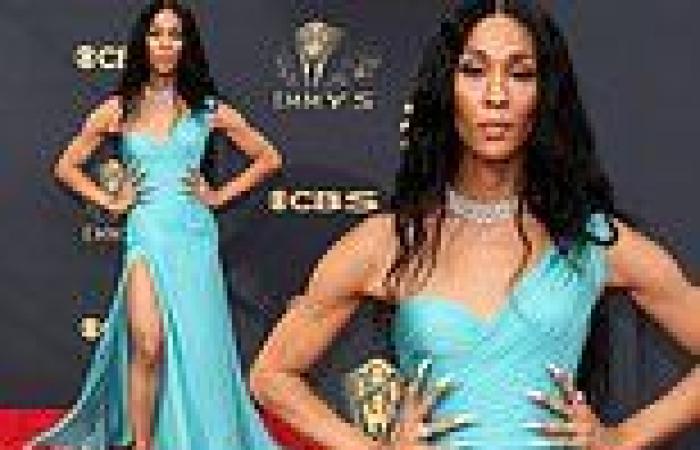 Pose star Mj Rodriguez looks ethereal in a flowing teal gown on Emmys red carpet