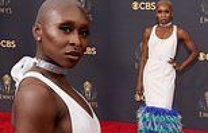 Cynthia Erivo shows off her toned arms in a white leather dress at the 2021 ...