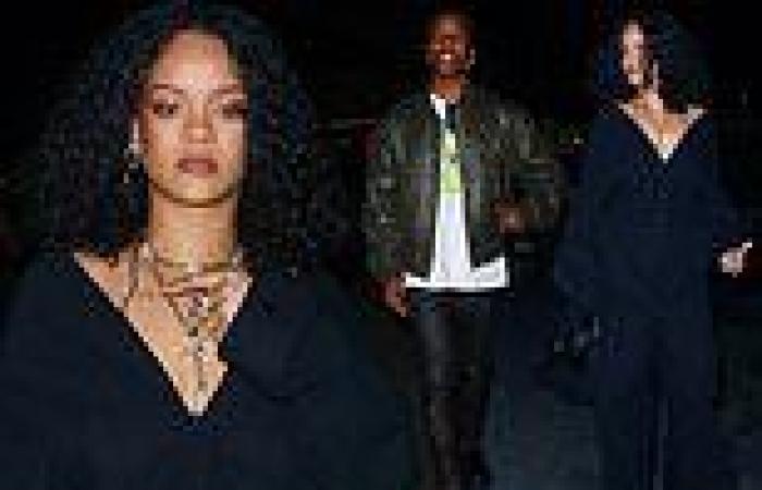 Rihanna makes a stylish exit in a navy blue jumpsuit as she's joined by ...