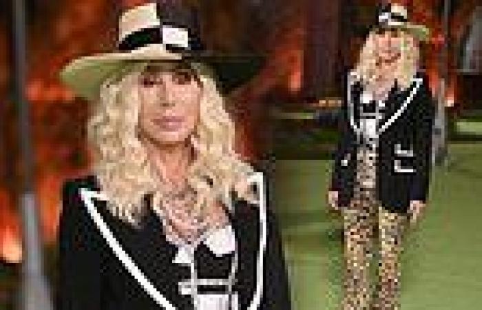 Cher, 75, dons curly blonde wig, leopard print trousers and a straw hat