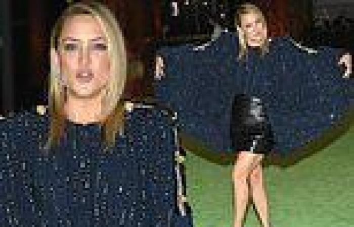 Kate Hudson puts on a leggy display in leather mini skirt and dramatic caped top