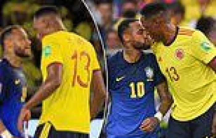 sport news Brazil star Neymar appears to try and kiss Colombia centre back Yerry Mina