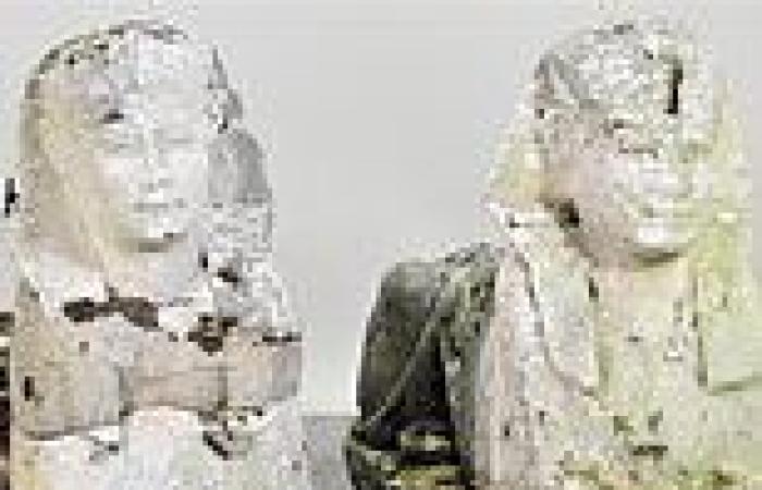 Pair of weather-beaten sphinx statues that were used as garden ornaments sell ...