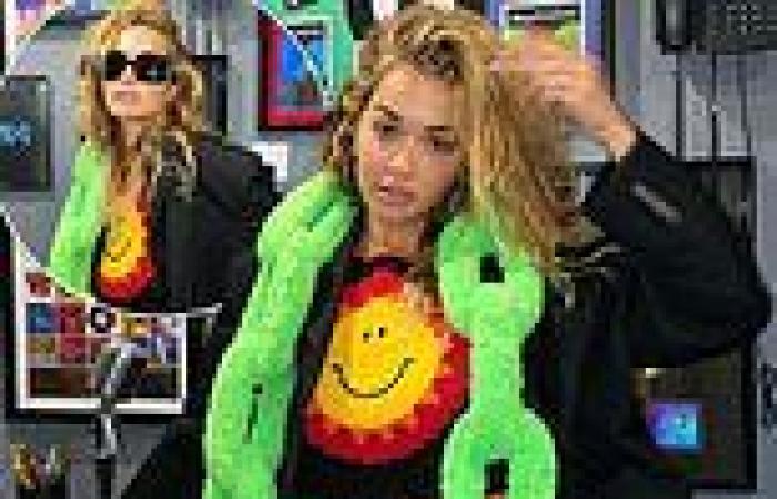 Rita Ora shows off her sense of style in a quirky neon green chain scarf in LA