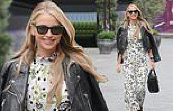 Vogue Williams looks stylish in a floral dress and cropped leather jacket