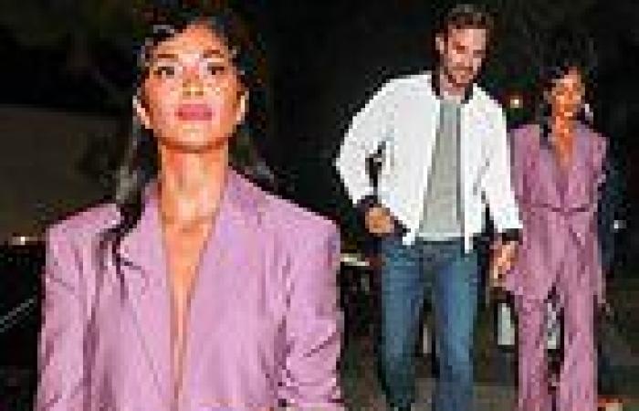 Nicole Scherzinger looks typically chic in a lilac suit for a romantic date ...