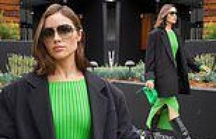 Olivia Culpo struts around Beverly Hills in a Kelly green knit number and boxy ...