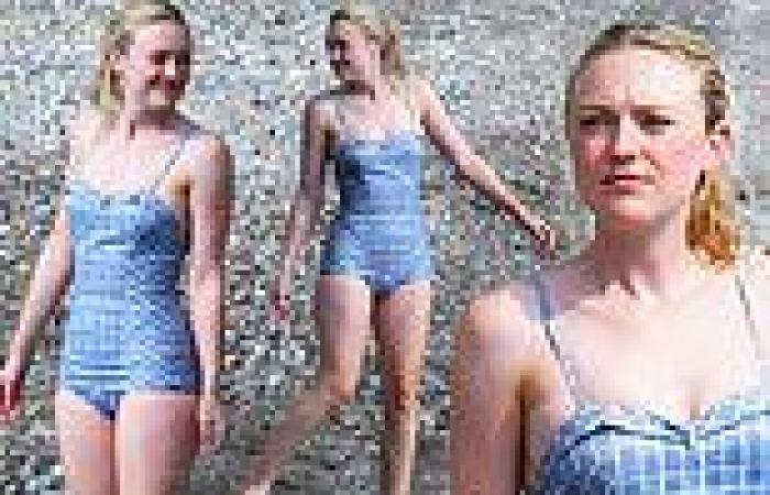 Dakota Fanning sports a retro blue swimsuit while filming Ripley on the Amalfi ...