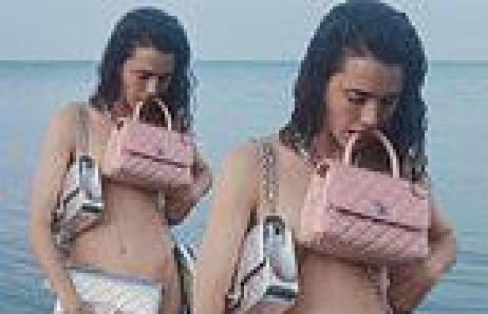 Margaret Qualley covers herself with Chanel handbags as she poses nude on the ...