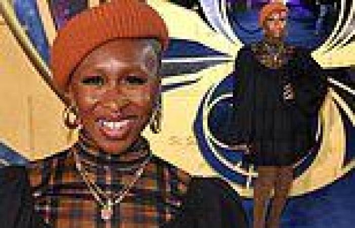 Cynthia Erivo showcases her chic style in black smock mini-dress with checked ...