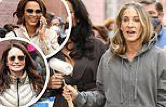 Sarah Jessica Parker is seen holding a paint brush on set of And Just Like ...
