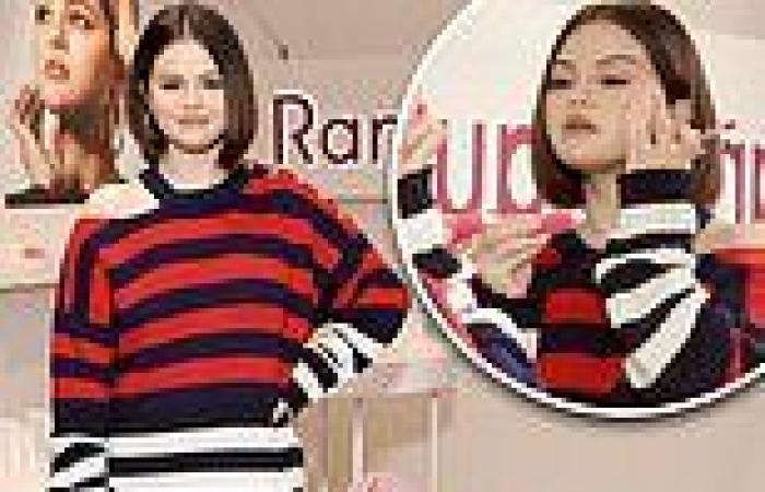 Selena Gomez rocks sleek bob and off-the-shoulder striped sweater dress ...