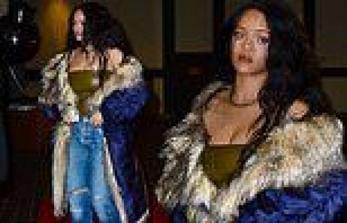 Rihanna keeps Seventies vibe alive with shiny gold strapless top and fur-lined ...