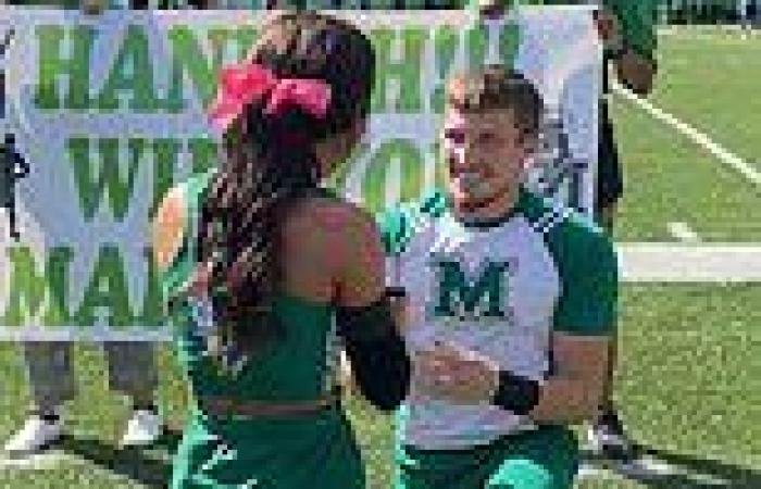 Cheerleader proposes to his girlfriend as they perform at university football ...