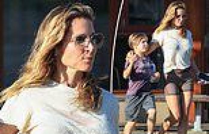 Elsa Pataky goes barefoot for a stroll in Byron Bay with her seven-year-old son