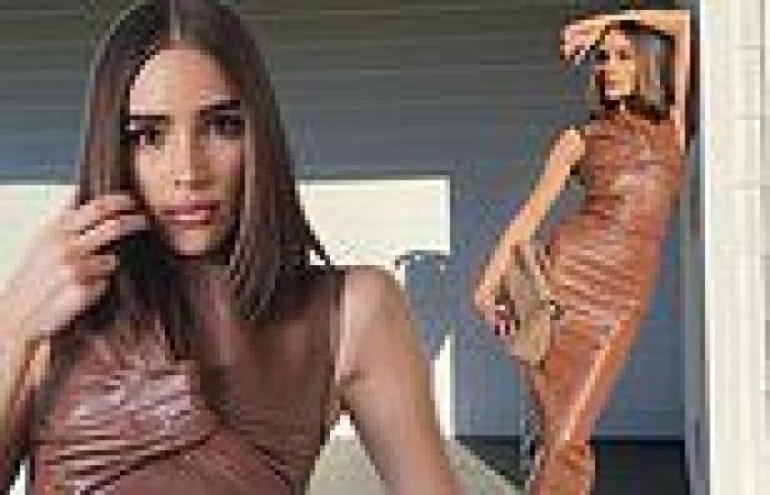 Olivia Culpo models the exact same brown leather dress Kim Kardashian wore