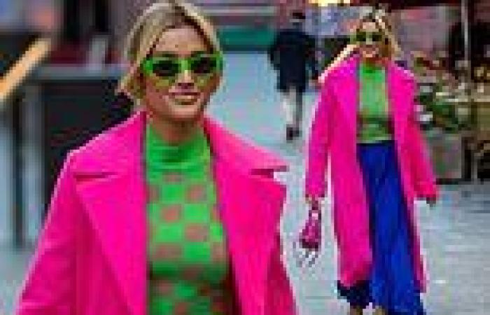 Ashley Roberts catches the eye in fuchsia coat and blue skirt as she departs ...