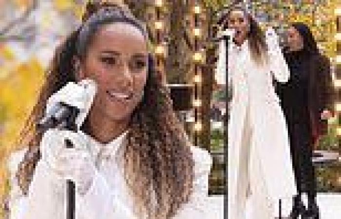 Leona Lewis looks ready for winter in a monochromatic white outfit as she belts ...