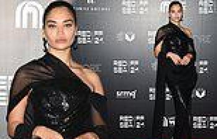 Shanina Shaik dazzles in black sequinned gown with dramatic train detail