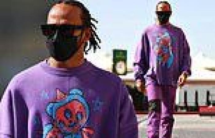 Lewis Hamilton makes a statement in purple as he arrives at the F1 Grand Prix ...